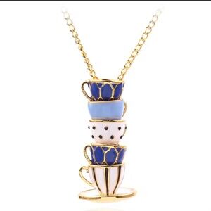Gold and Blue Teacup Pendant Necklace